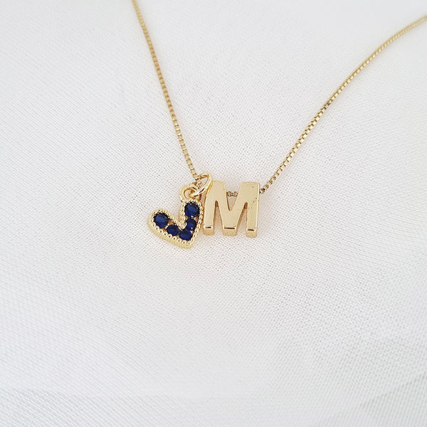CADENA 1LETRA DORADA & CORAZON AMORE AZUL