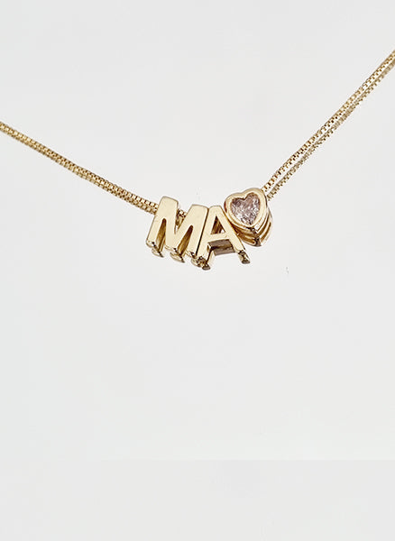 CADENA 2LETRAS DORADAS & CORAZON SOLITAIRE BRILLANTE